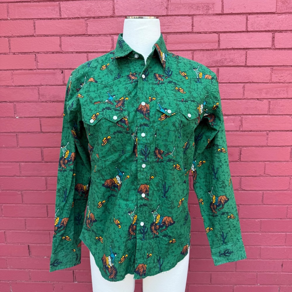 Wrangler Rustler Western Shirt XL Green Cowboy Rodeo Cactus Print Top Womens